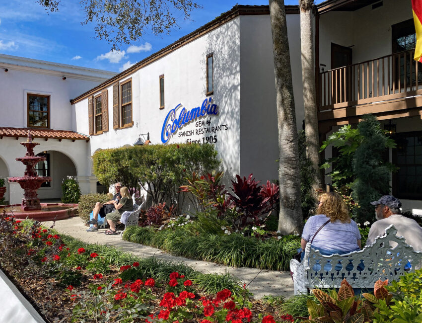 Patrons relax on the patio of the Columbia Restaurant in St. Augustine’s 144-square-block historic district. It is one of seven Florida outlets of this popular Spanish-style restaurant. 