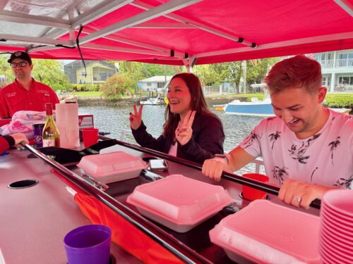 Aboard the pedal-powered Lucky Booty party cycle boat in Port Richey, Florida. 