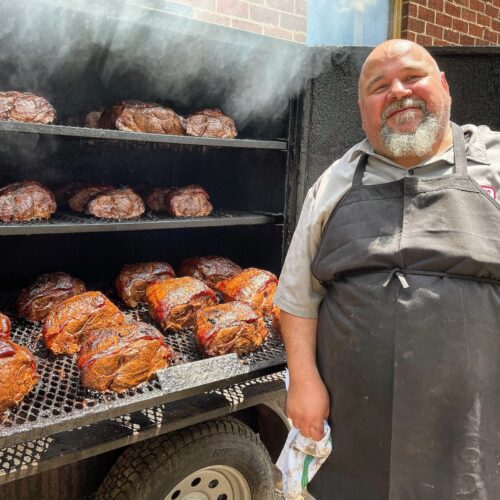 Smoking the meat at Road Hog BBQ in White Sulphur Springs, which is coming alive with food, a brewery, distillery and live West Virginia music from the hills.