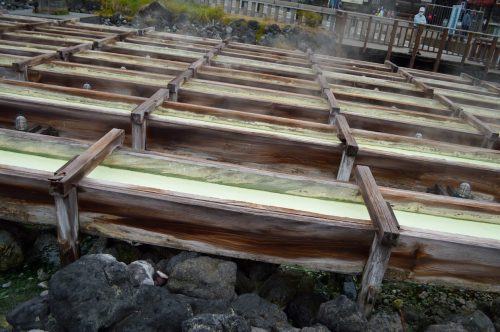 The wooden conduits of Yubatake in Kusatsu, Japan.