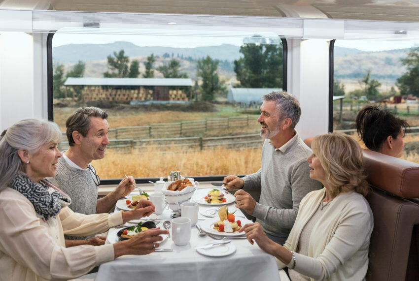 Goourmet dining at every seating of GoldLeaf Service photo Rocky Mountaineer