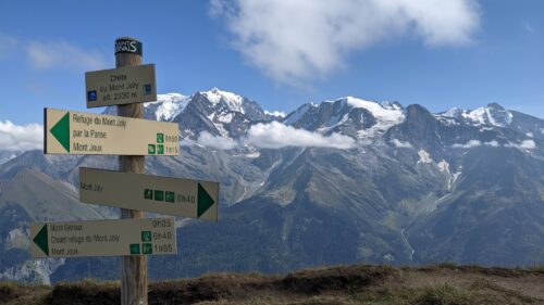 Arriving at Mont Joly mountain top on Mont Blanc