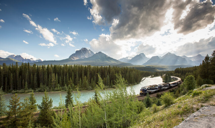 Rolling along Morants Curve near Lake Louise Alberta photo Rocky Mountaineer