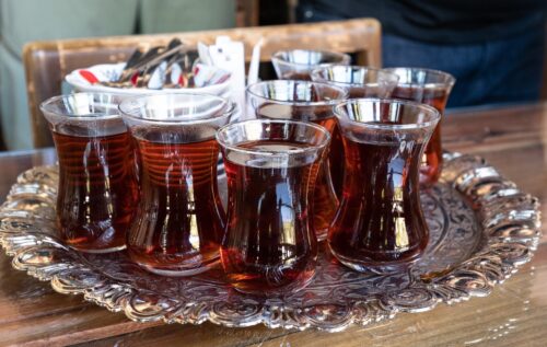 Tea in Turkey is usually served in these dainty, tulip-shaped glasses that can be very hot to the touch.