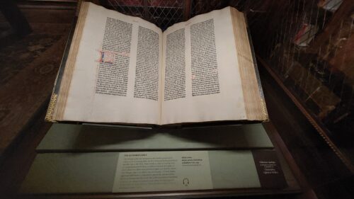 One of the Morgan’s three Gutenberg Bibles on display in the East Room.