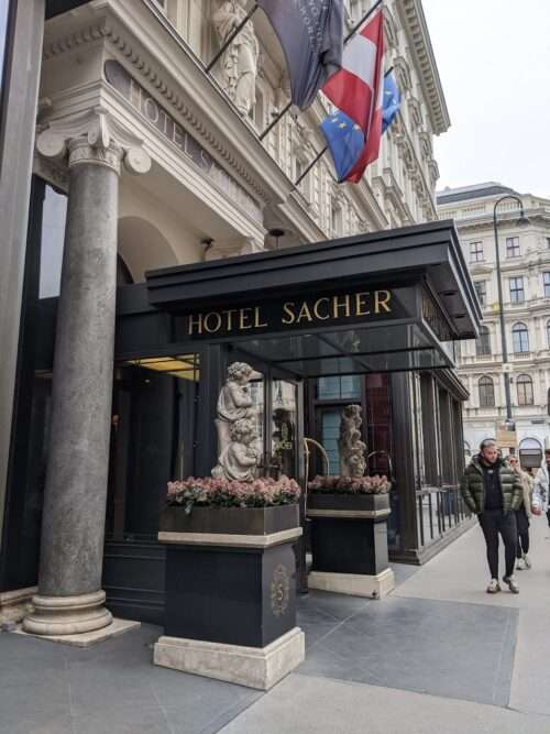 Hotel Sacher is home to the Sachertorte -- a rich and tangy chocolate cake with layers of chocolate ganache and apricot preserves