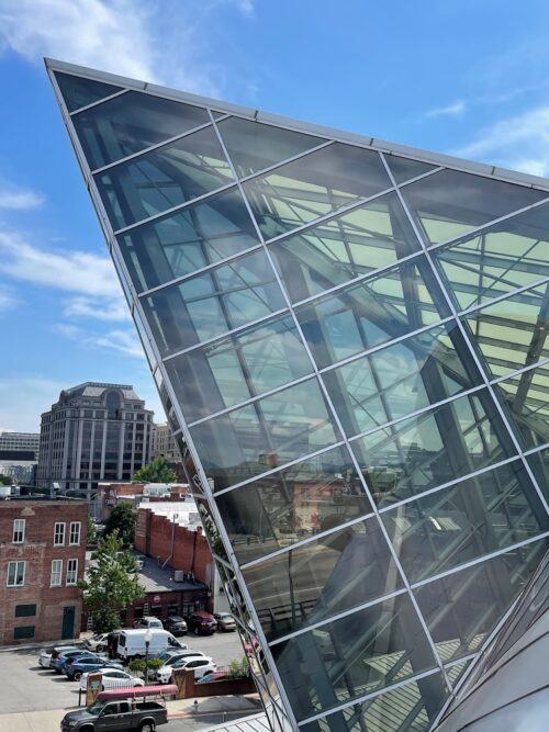 The Taubman Museum of Art in Roanoke contrasts modern architecture with the old historic brick buildings.