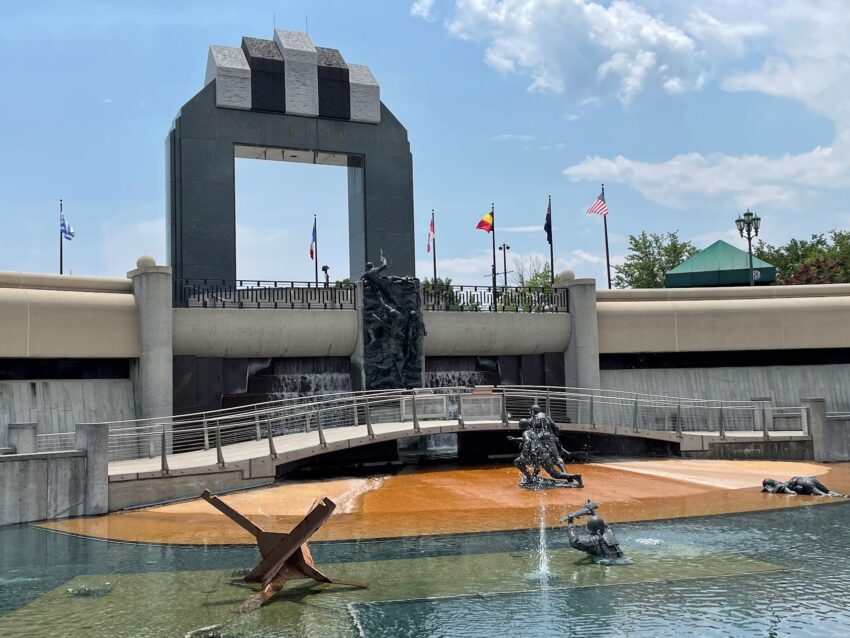 D-Day Memorial, Bedford VA. On June 6, 1944, 37 young men from Bedford were in the first wave to land at Omaha Beach. Their boat sank off shore and five of them drowned. Some 26 made it to shore, where 16 were killed or wounded in minutes. The Memorial has a depiction of the landing with machine gun water spouts hitting the men as they become the first Americans to land at Normandy