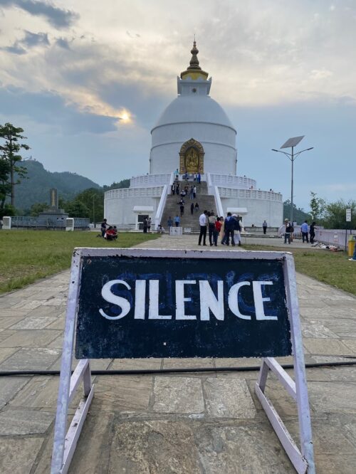 As a sacred site, the Shanti Stupa requests all visitors to remain silent out of respect and remove their shoes before proceeding up the two flights of stairs.