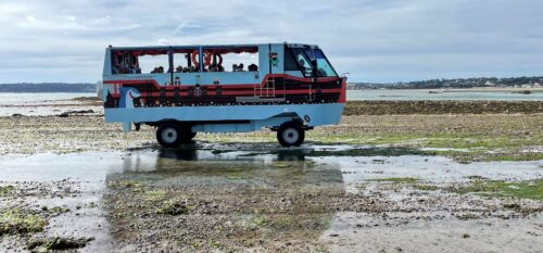 duck boat going out to Elizabeth Castle on dry land