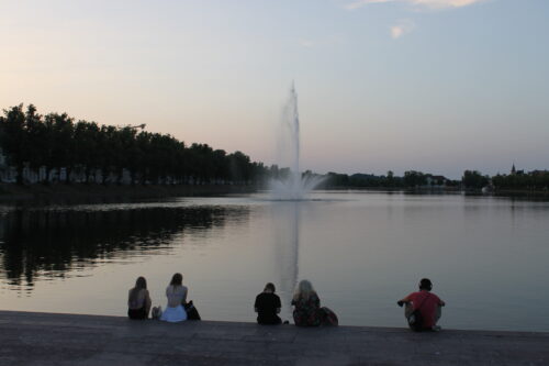 Along the promenade of Pfaffenteich Lake, with Schwerin Cathedral beyond.