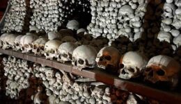 Skulls and femurs made creepy patterns in the basement of a church in Kutna Hora, Czech Republic, called an Ossuary. Max Hartshorne photos.