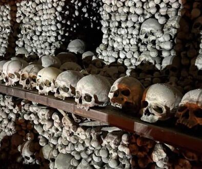 Skulls and femurs made creepy patterns in the basement of a church in Kutna Hora, Czech Republic, called an Ossuary. Max Hartshorne photos.
