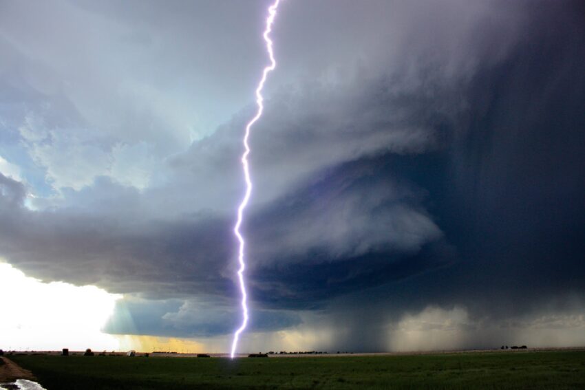 Supercell with a nearby cloud-to-ground lightning strike near Sudan, TX, May 4, 2019