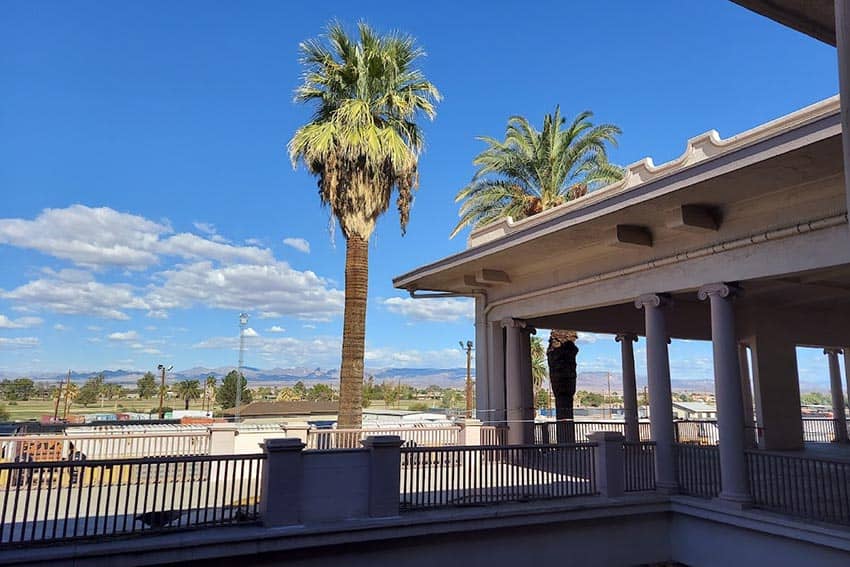 View from El Garces Harvey House Balcony. In distance you can see both Nevada and Arizona. Photo by Kathy Condon