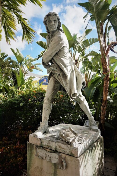 Woodes Rodgers statue in the parking lot of the British Colonial Hilton Hotel, Nassau. He looks better here than he must have in real life. When he was a pirate, he got shot in the face, blowing away his jaw and many of his teeth.