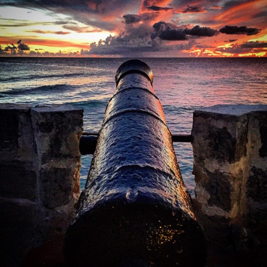 One of the guns at old Fort Charlotte in Barbados, which now guards the swimming pool at the Hilton Barbados Resort