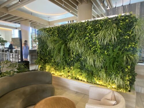 A green wall in the lobby