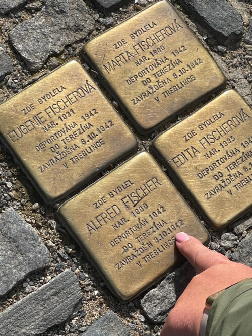 Local citizens of Kolin memorialized with these plaques, called Stolpersteins, after they were killed during World War II. 