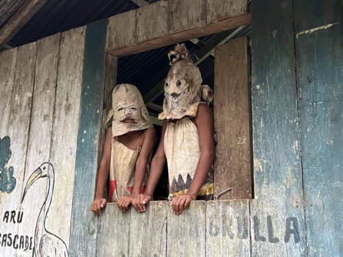 Young Tikuna performers in traditional dress in Vergel