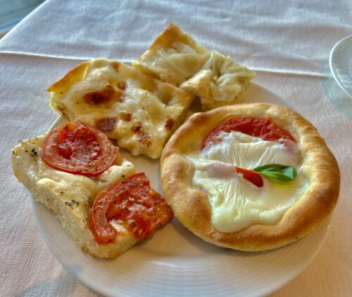 Camogli, Hotel Cenobio dei Dogi. Sumptuous breakfast including delicious variations of Liguria's famous focaccia bread.