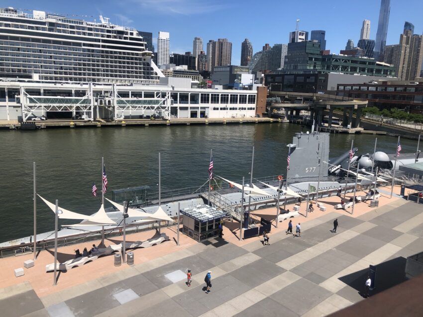 A view of the submarine USS Growler from the flight deck of the USS Intrepid.