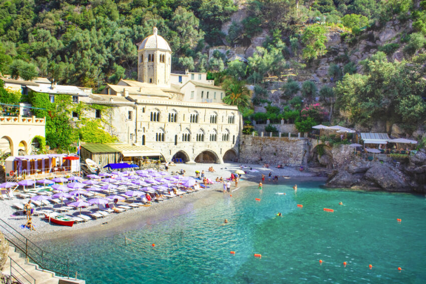 Abbey of San Fruttuoso, tucked into a secluded cove, only accessible on foot or by boat.