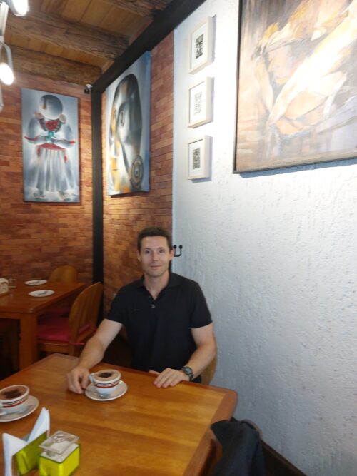 The author enjoying a cup of hot chocolate at one of San Cristobal's many chocolate shops featuring locally sourced cacao