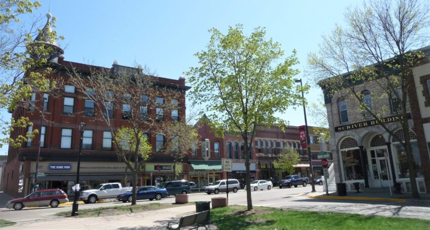 Jesse James and two other outlaws guarded this part of down, protecting the escape route. The bank was in the Scriver Building to the right, but on the other side and not visible in this photo.