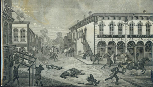 A rendering showing the shootout, the two dead outlaws, the bank (in the center of the photo) and the deadly gunfire coming from the stairs and from citizens.