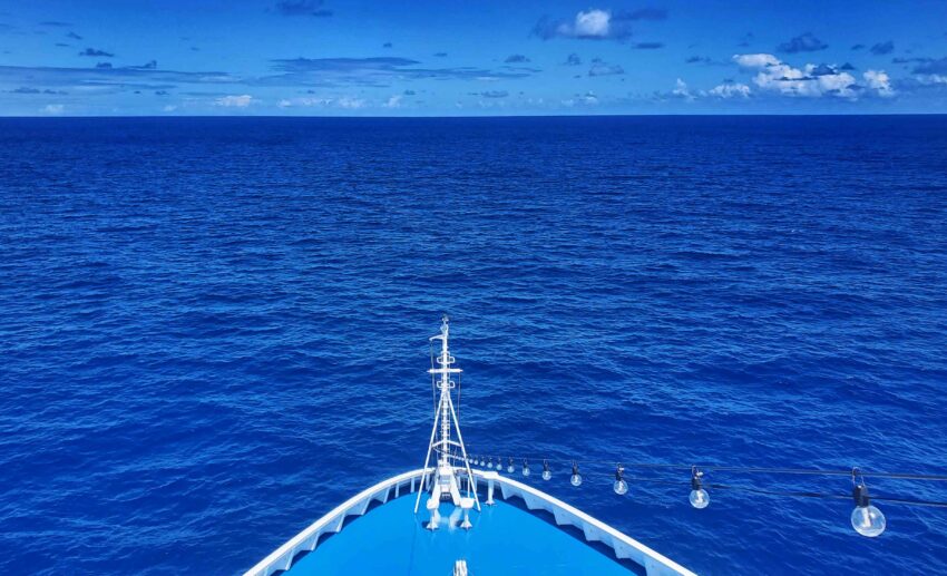 The Silversea Dawn with calm seas and blue skies