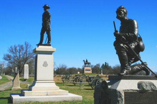 Front to back, 1st Pennsylvania Volunteer Cavalry Regiment, General Alexander Webb, & Major General George Gordon Meade monuments on Cemetery Ridge