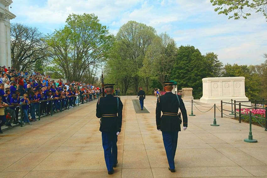 A rapt gallery watches as The 3rd U.S. Infantry Regiment, known as “The Old Guard,” guards the Tomb of the Unknown Soldier.