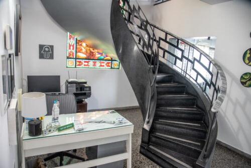 The spiral staircase at Chateau Blanc