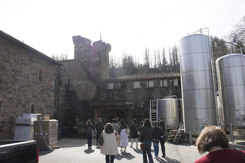 Just past the drawbridge at Castella di Amorosa. The modern wine-making equipment should seem jarring in its castle setting but doesn’t. The juxtaposition is striking and somehow just right. Photo by Adrian Tysoe