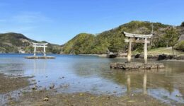 The torii gates to Watazumi Shrine on Tsushima's Aso Bay. The shrine is the legendary site of the sea god's Dragon Palace.