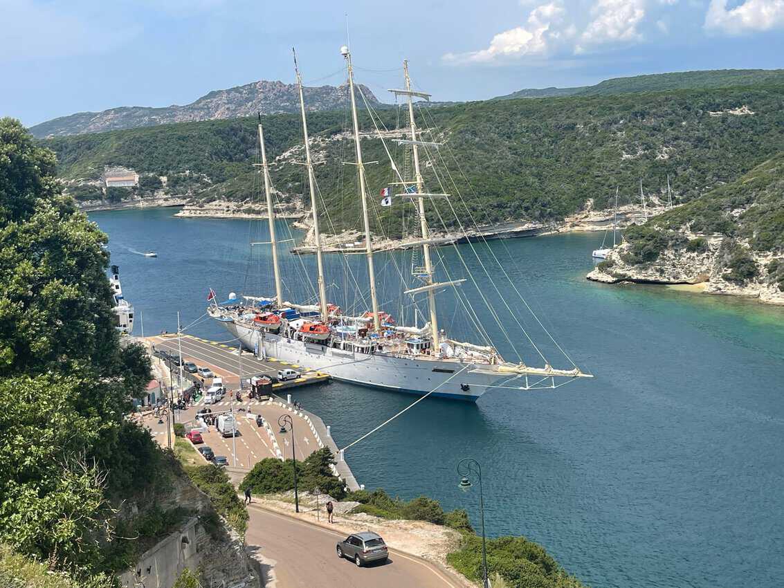 The Star Clipper docked in the striking and beautiful harbor of Bonfaccio, Corsica.