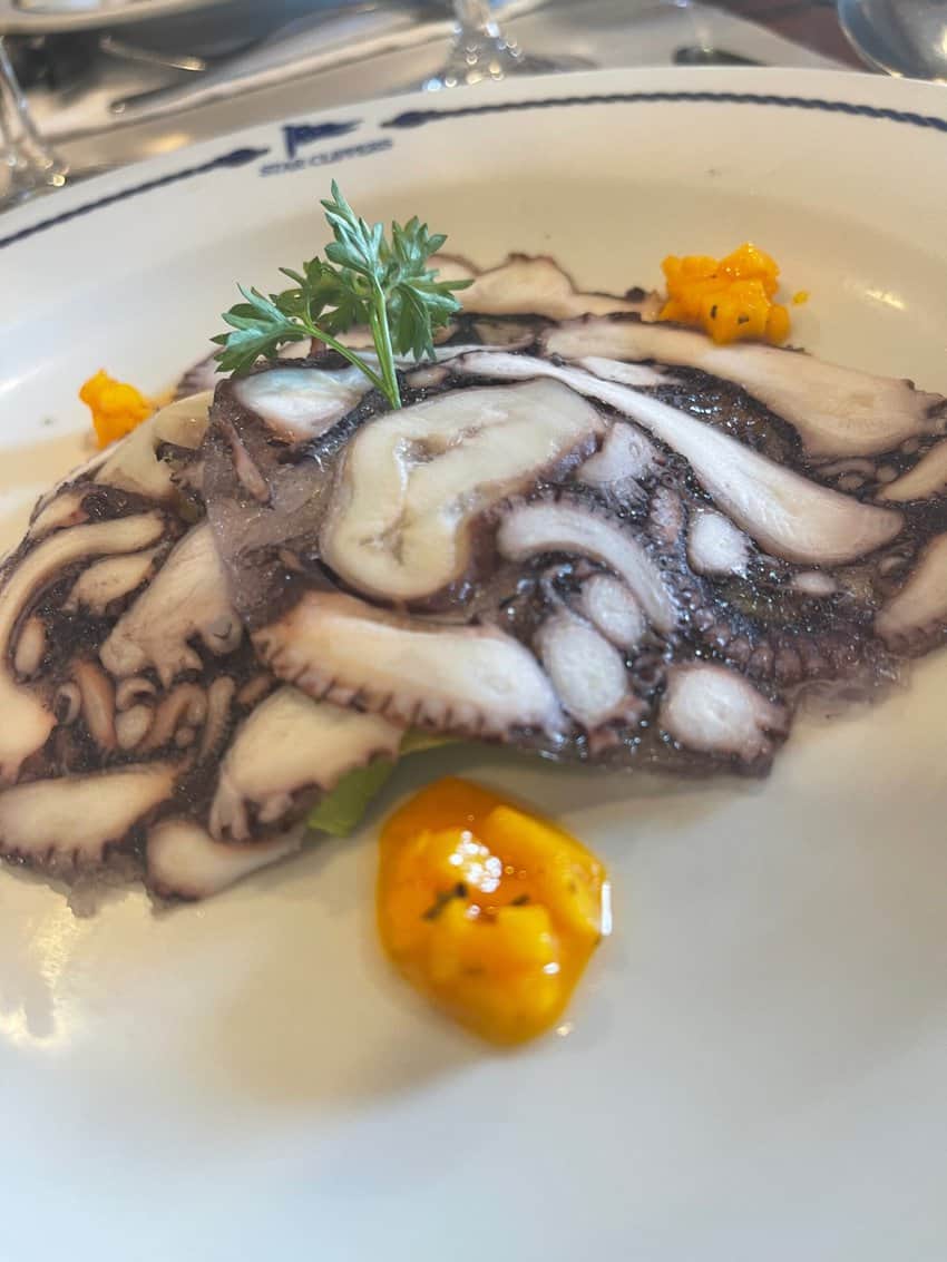 Octopus appetizer aboard the Star Clipper. It's nice not having a buffet and each night's selections are on view just outside the dining room.