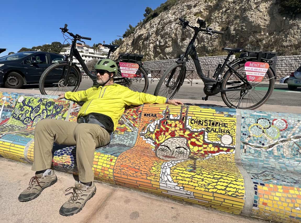 Marseille, France: Biking to the Calanques 14 Rest time on the famous mosaic-tiled bench just outside Marseille overlooking the dramatic coastline.