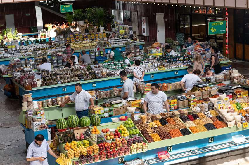 A must-see for tourists is Almaty's Green Market, laden with everything from fruits, vegetables, spices, herbs, flowers, sweets, and massive amounts of horse, beef, lamb, and sheep meat. A small eatery can be found on the second floor.