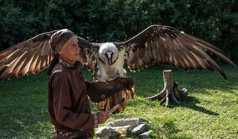The Sunkar Falcon Center run by ornithologist Pavel Pfander, a Kazakh-German falcon trainer, educates visitors on his birds of prey, including falcons, griffin vultures, and massive golden eagles.