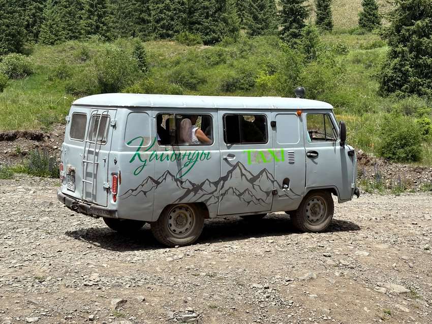 Visitors are transported to the Kaiyndy Lake area via Soviet-era VW buses that spit and spew gas fumes on the 30-minute wild ride.