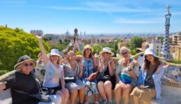 A group of excited female travelers in Barcelona