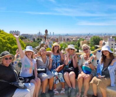 A group of excited female travelers in Barcelona