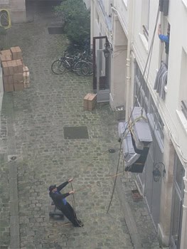 These piano movers were the first thing Stacey saw out her window in Paris.