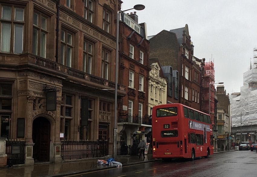 A London street view on a wet day.