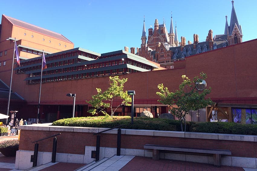 A view of the British Library with the King’s Cross train station in the background. 