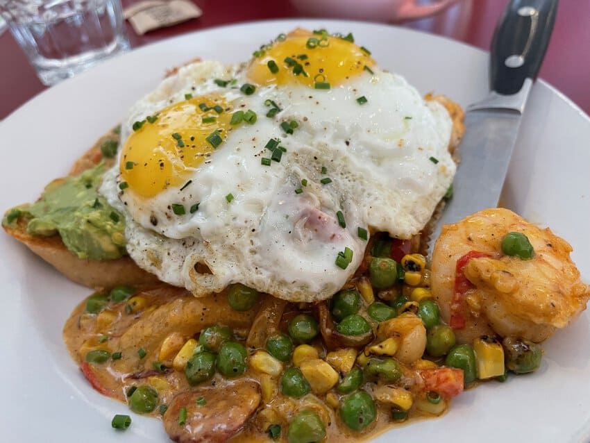 Medford, Oregon: The Heart of the Rogue 8 Cajun Toast with shrimp, avocado, pea shoots and poached eggs made for one of the all-time delicious breakfasts at Over Easy, downtown Medford.
