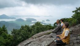 Participants meditate on a mountaintop overlooking the ocean at Neunggasa temple (Photo by Cultural Corps of Korean Buddhism)