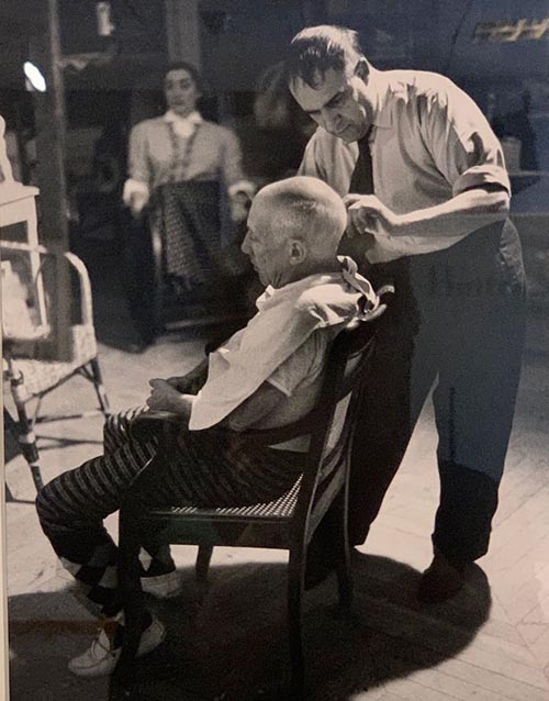 Spanish Museums Honor Picasso on 50th Anniversary 10 A photo of Picasso and his longtime barber and confidant Eugenio Arias. The photo is displayed in the Picasso Museum Eugenio Arias Collection.